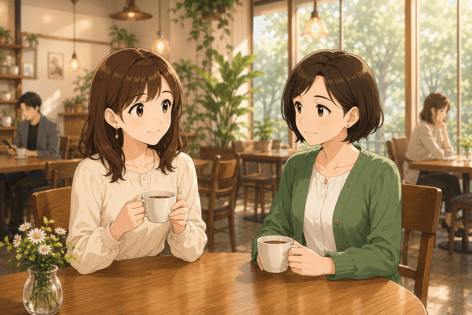 初参加の女性が飲み物を楽しみながら穏やかに会話を聞いている様子