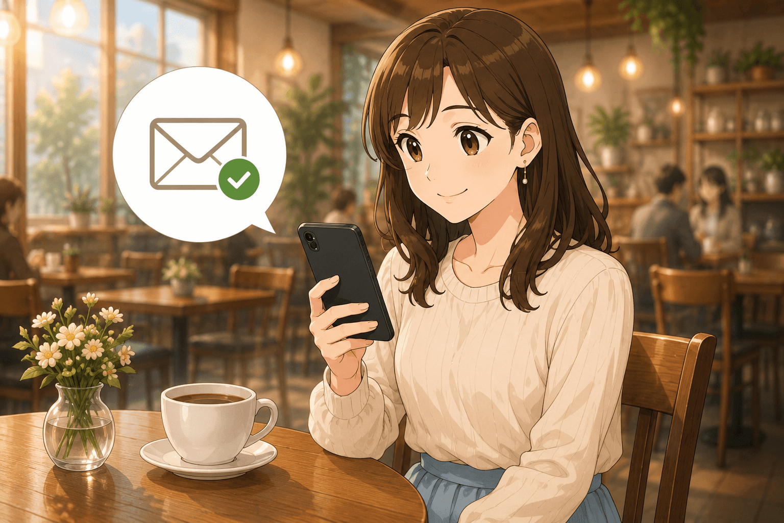 初参加の女性がスマートフォンで予約完了メールを確認している様子