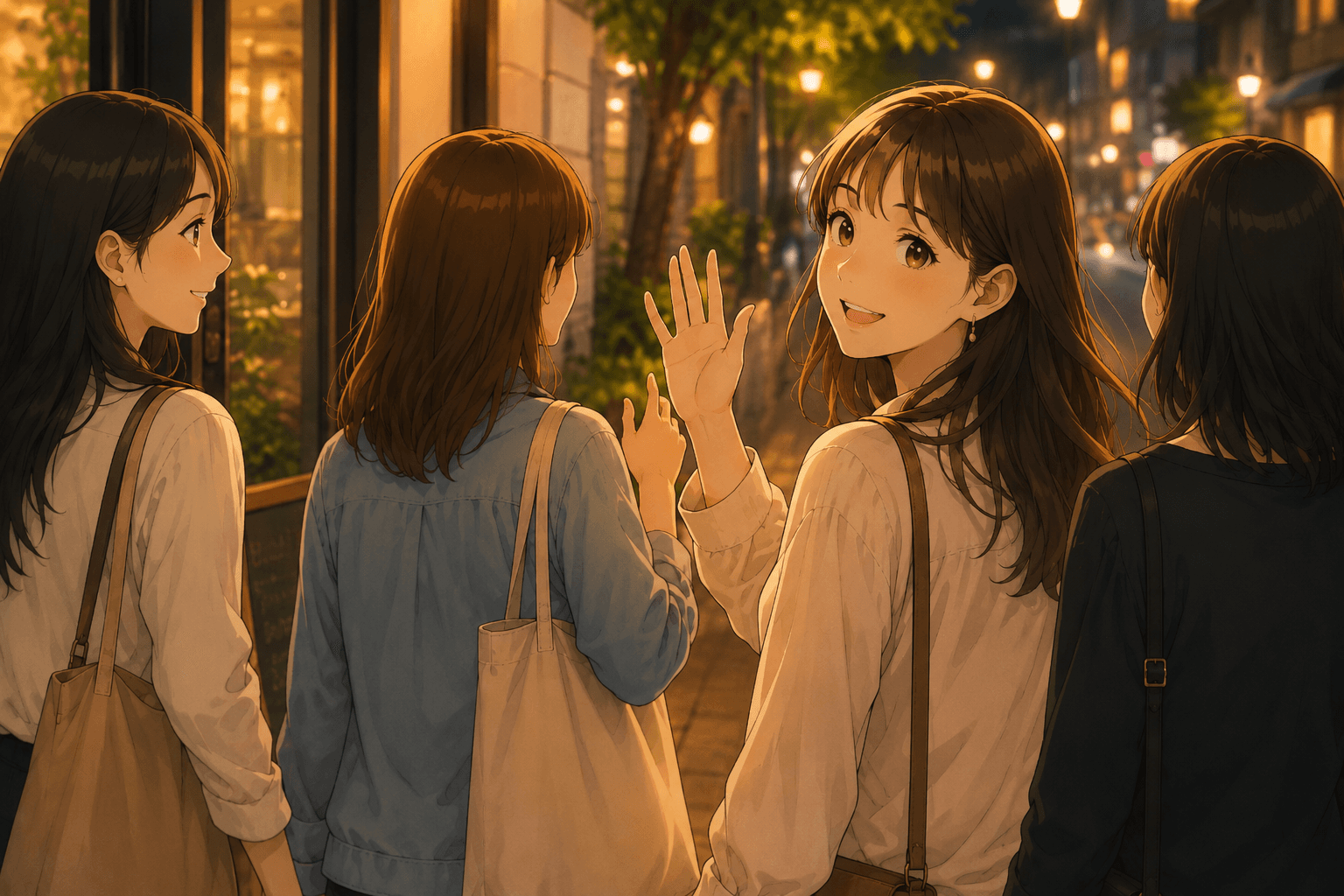 初参加の女性が笑顔でカフェを後にしている様子