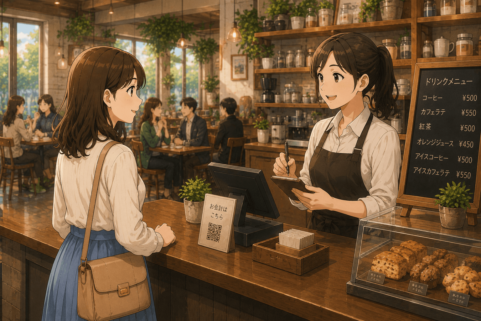 初参加の女性がカフェのレジで店員にドリンクを注文している様子