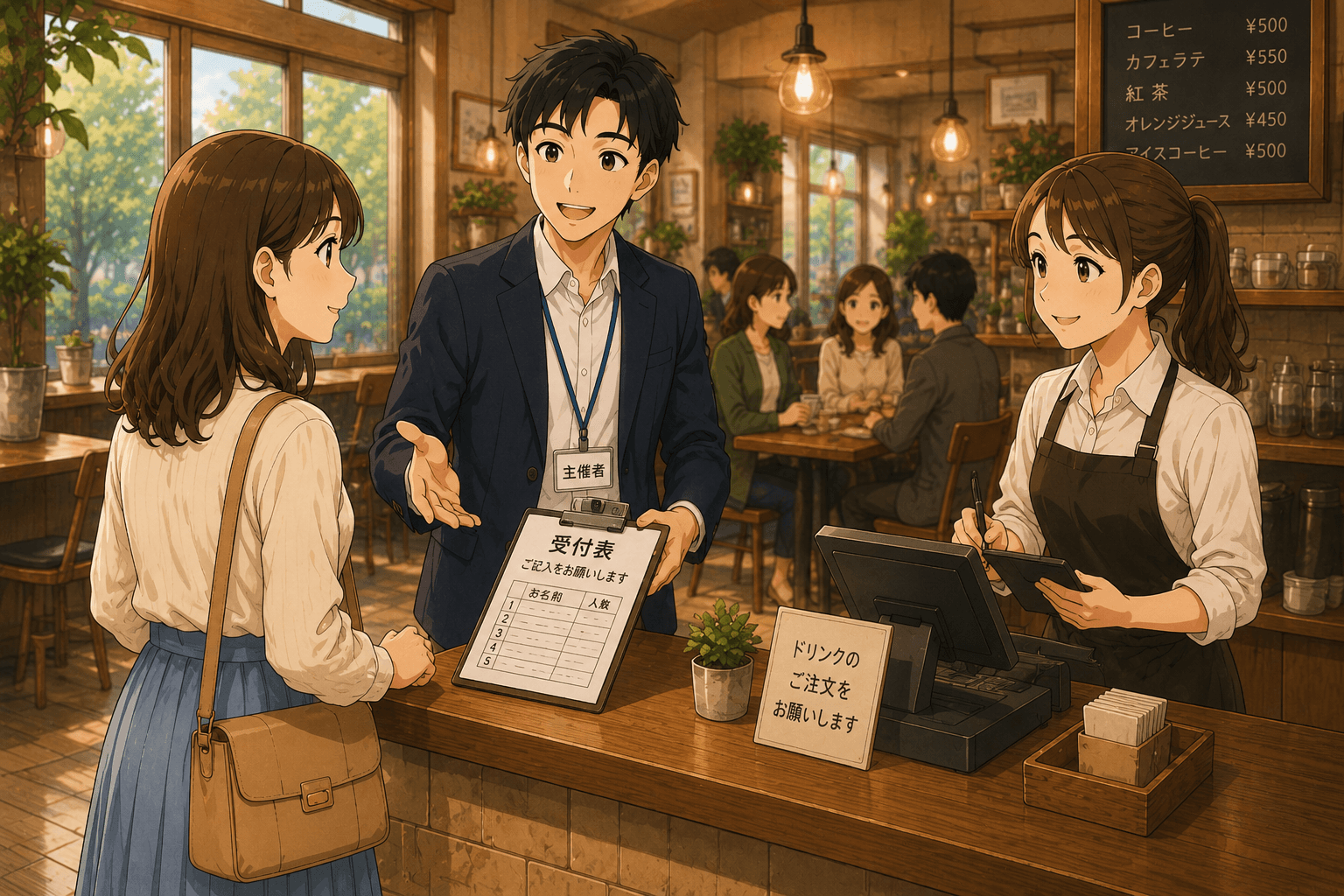 一人で来店した初参加の女性を主催者が笑顔で迎えている様子