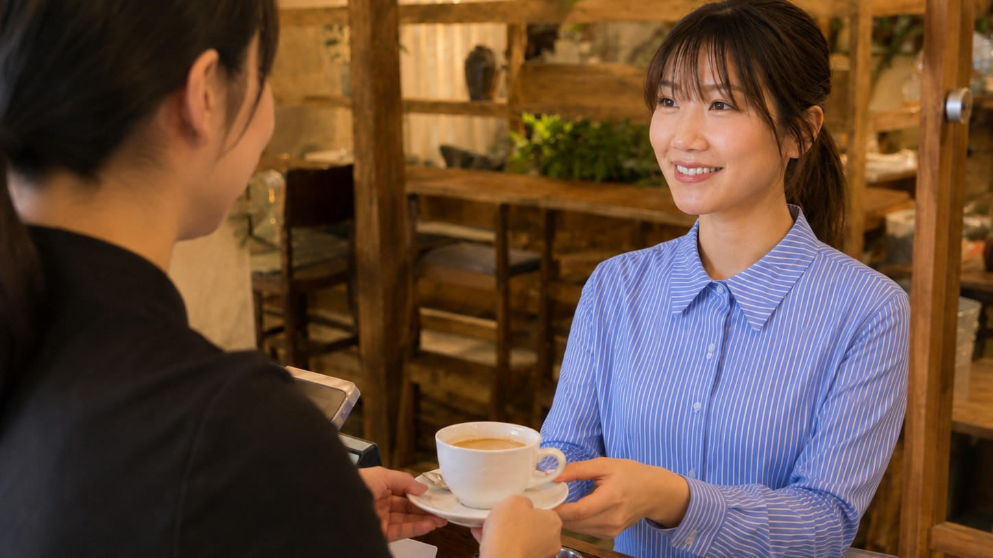 カフェのレジで参加者がドリンクを受け取っている様子